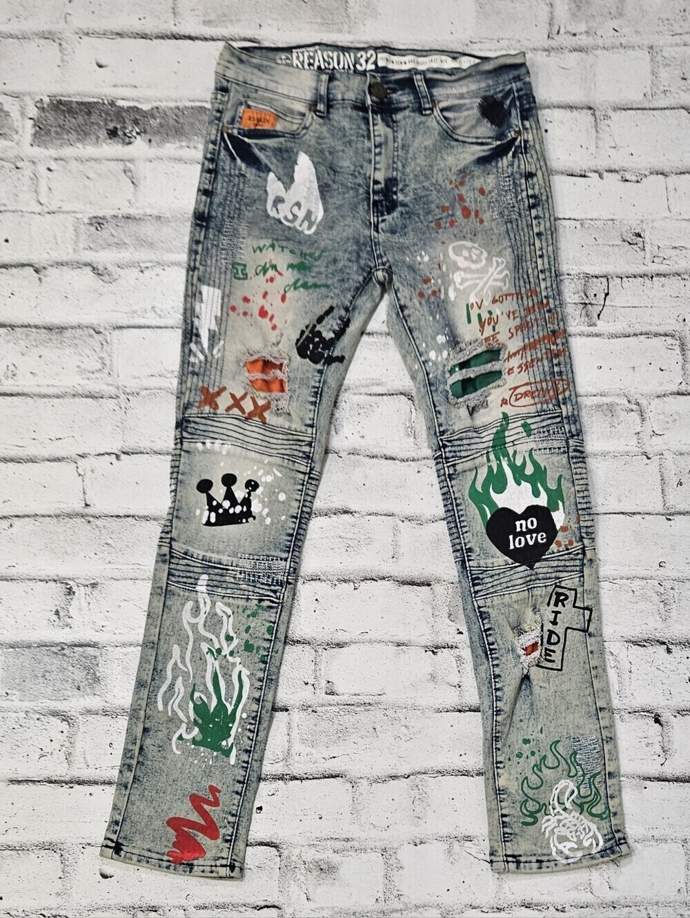Reason NYC Mens Graphic Moto Jeans Size 32 Y2K Graffiti Streetwear Denim